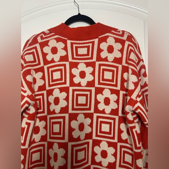 Zara Orange Jacquard Floral Geometric Chunky Knit Sweater Size S retro cozy 70s - Picture 10 of 13